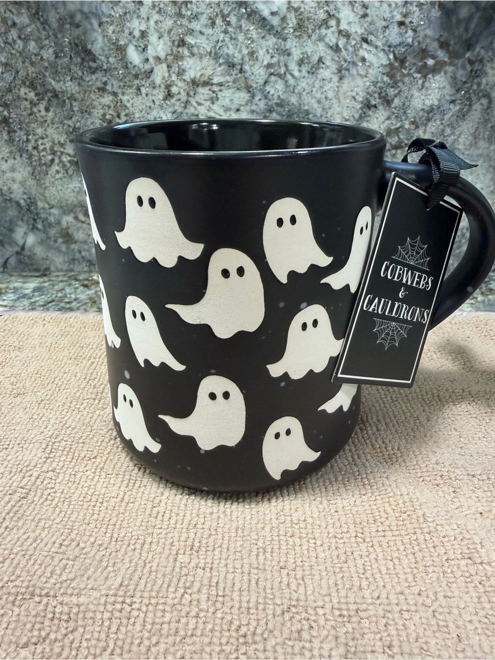 Cobwebs & Cauldrons Ghost Halloween Mug NWT Black White Ghosts